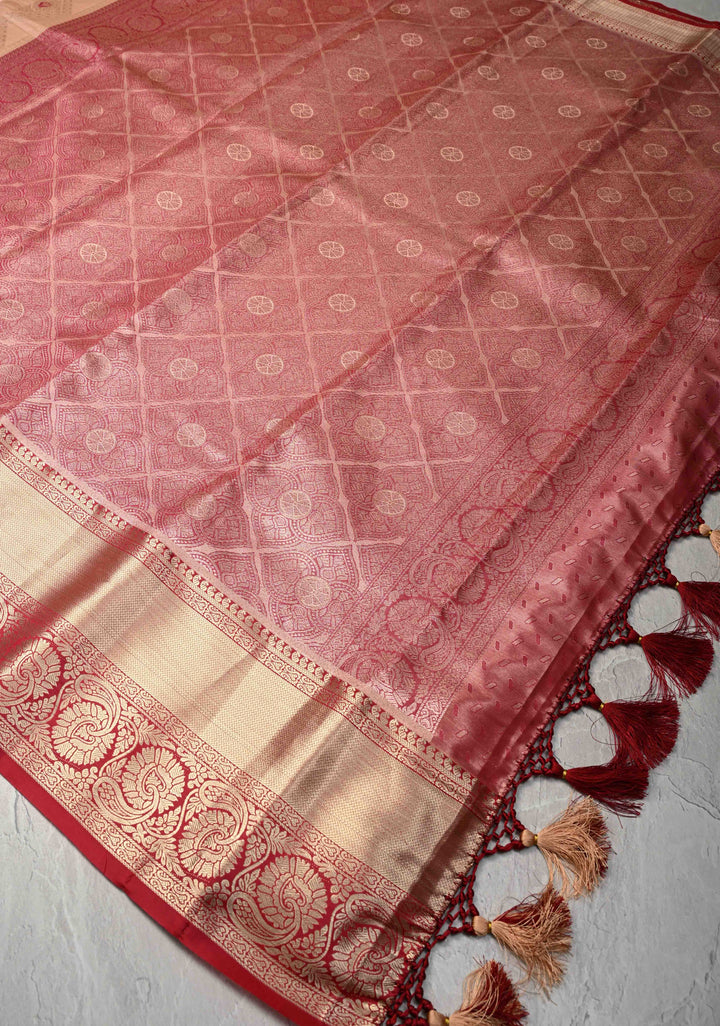 Peach Brocade Jaal on Kanjivaram Tissue Semi Silk Saree with Meenakari Buttas and Contrast Zari Border