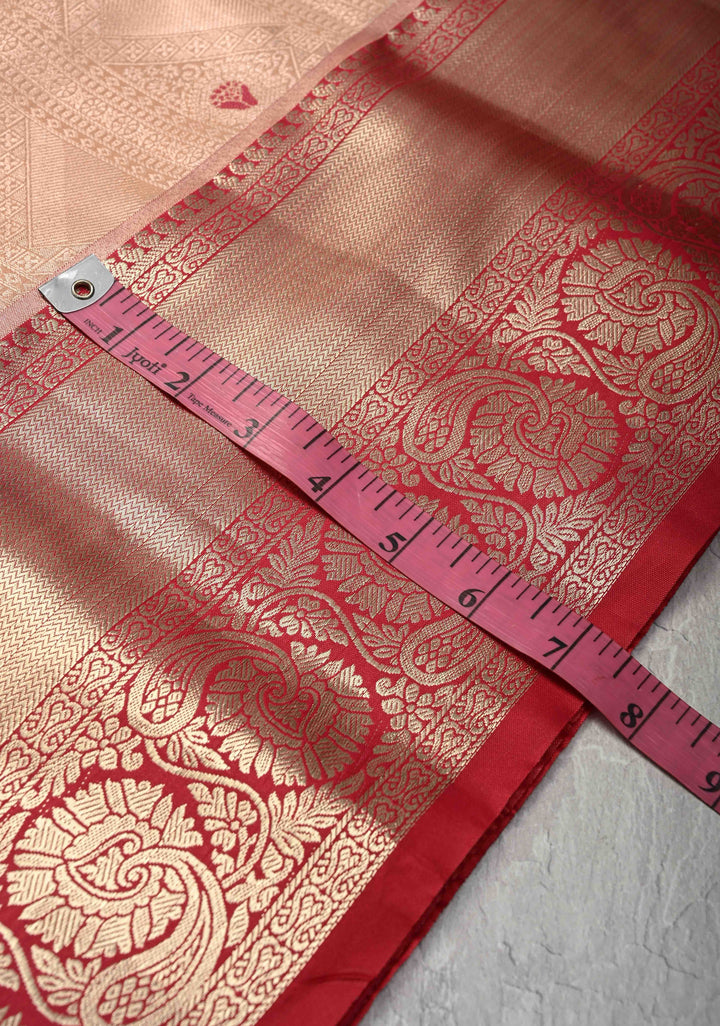 Peach Brocade Jaal on Kanjivaram Tissue Semi Silk Saree with Meenakari Buttas and Contrast Zari Border