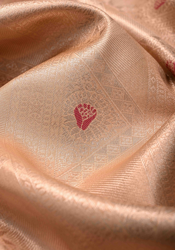 Peach Brocade Jaal on Kanjivaram Tissue Semi Silk Saree with Meenakari Buttas and Contrast Zari Border