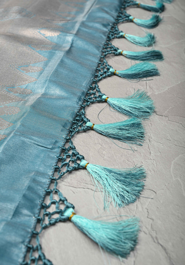 Dusty Sage Green Brocade on Kanjivaram Tissue Semi Silk Saree with Meenakari Buttas and Contrast Zari Border