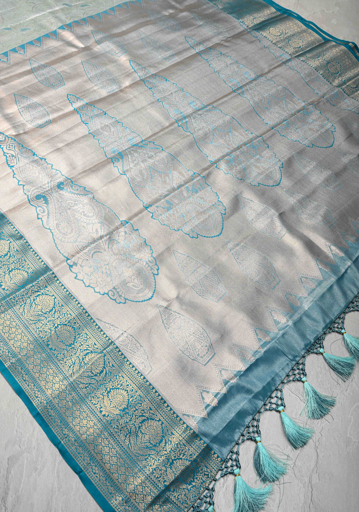 Dusty Sage Green Brocade on Kanjivaram Tissue Semi Silk Saree with Meenakari Buttas and Contrast Zari Border