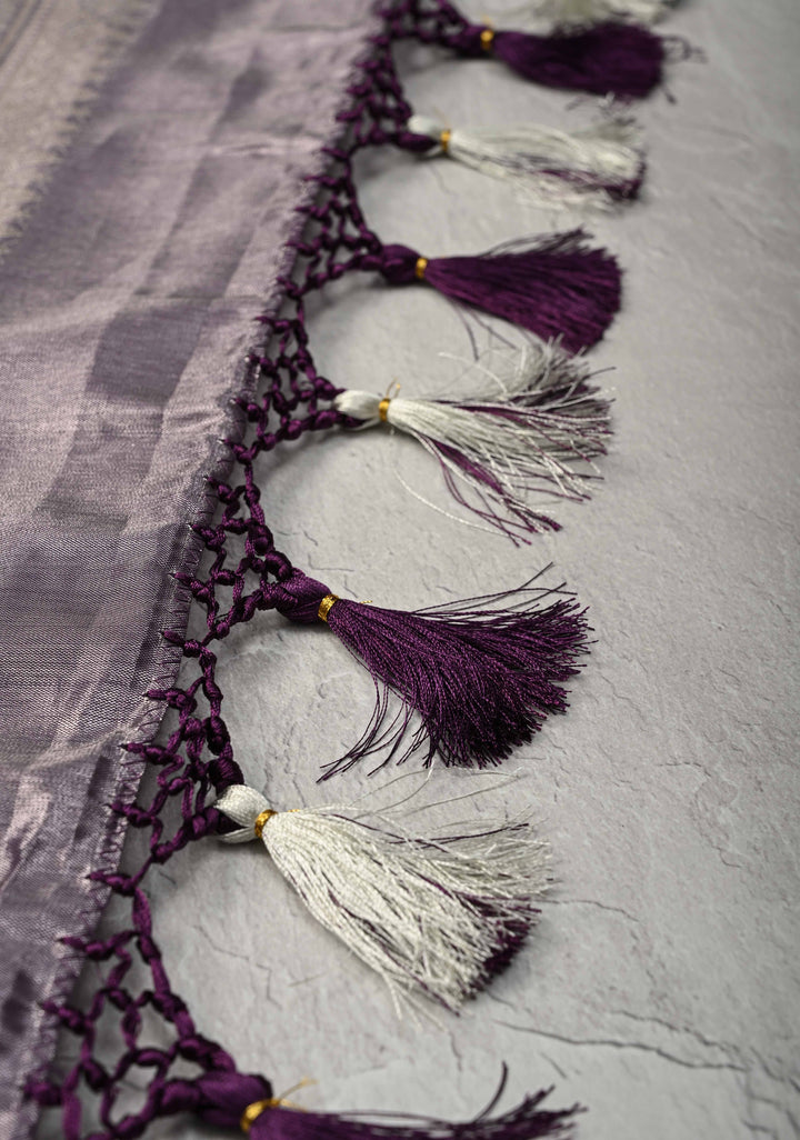 Gray Kanjivaram Tissue Semi Silk Saree with Meenakari Brocade and Contrast Zari Border