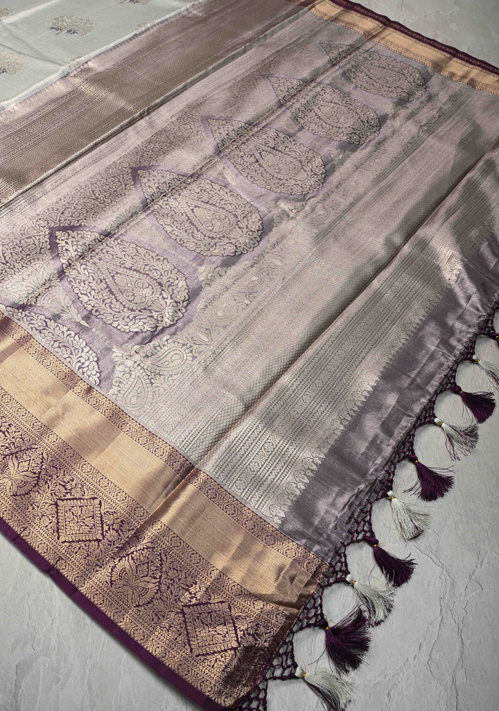 Gray Kanjivaram Tissue Semi Silk Saree with Meenakari Brocade and Contrast Zari Border