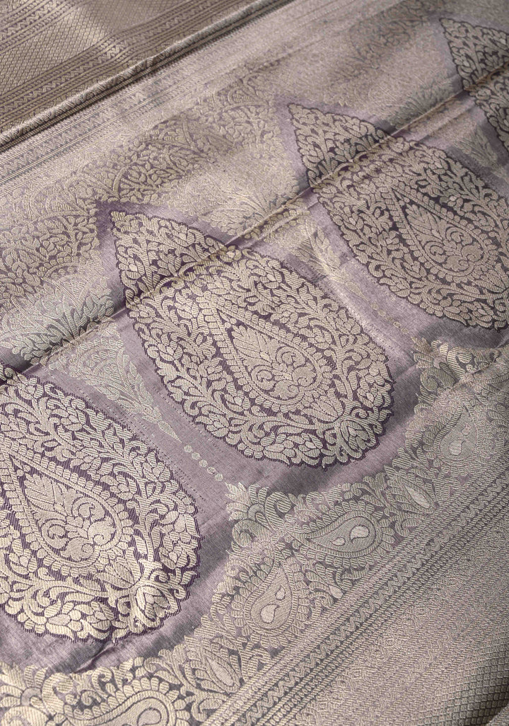 Gray Kanjivaram Tissue Semi Silk Saree with Meenakari Brocade and Contrast Zari Border