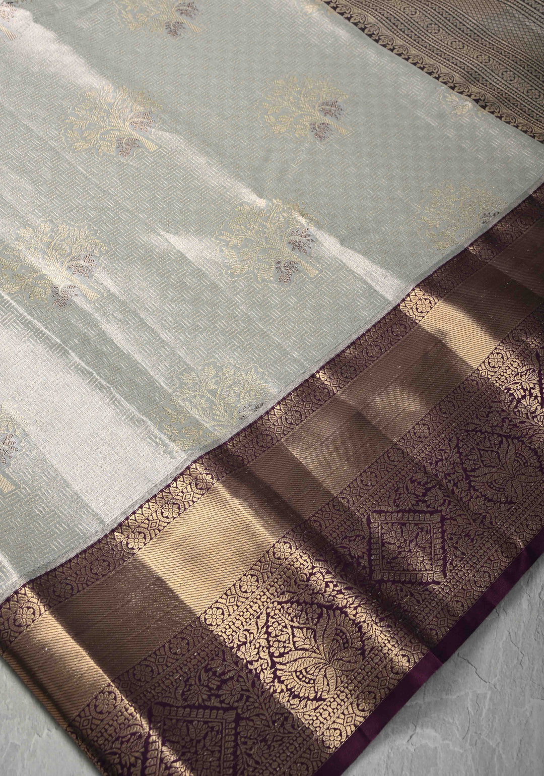 Gray Kanjivaram Tissue Semi Silk Saree with Meenakari Brocade and Contrast Zari Border