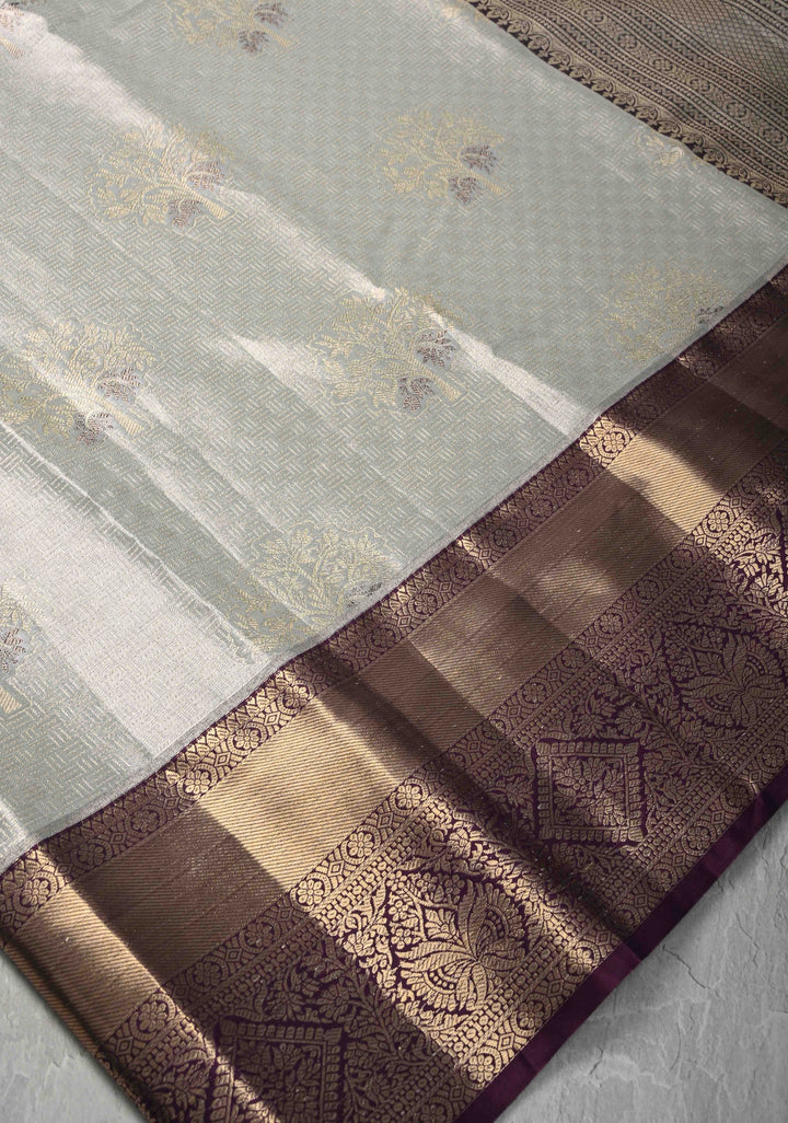 Gray Kanjivaram Tissue Semi Silk Saree with Meenakari Brocade and Contrast Zari Border