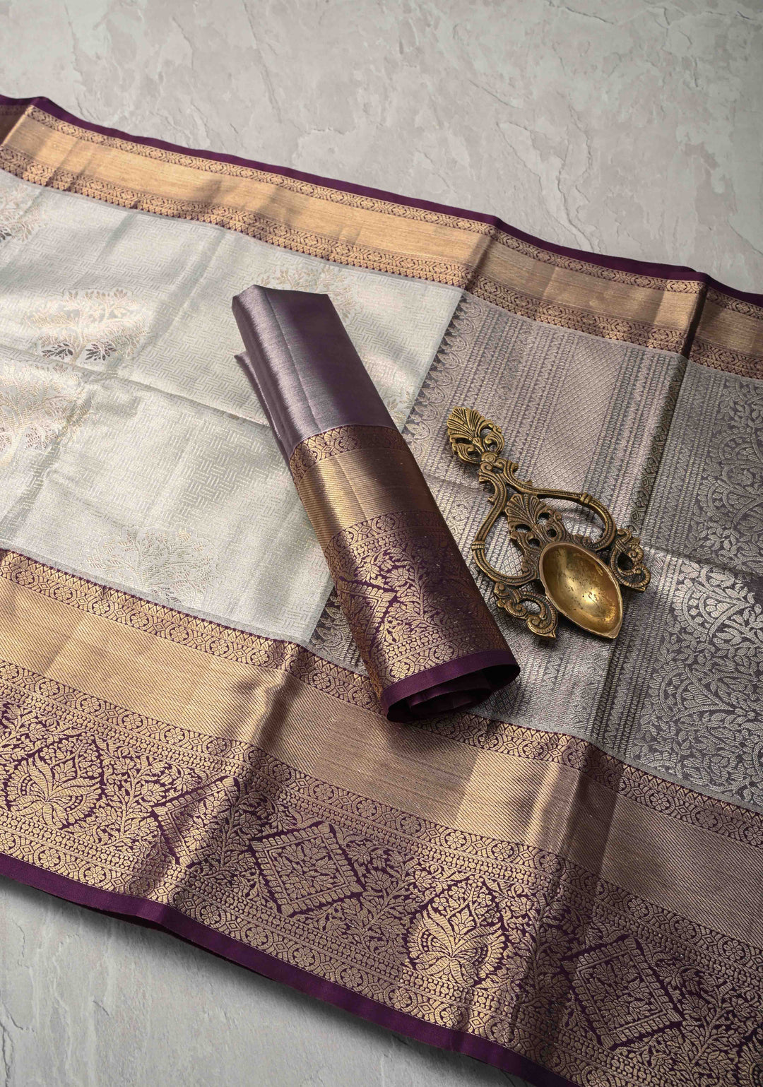 Gray Kanjivaram Tissue Semi Silk Saree with Meenakari Brocade and Contrast Zari Border