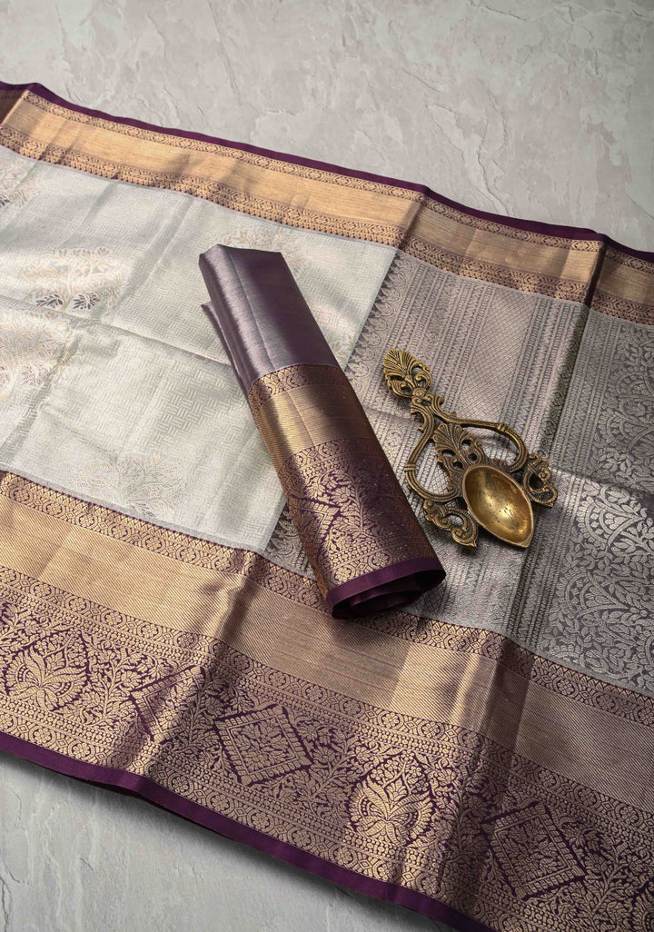 Gray Kanjivaram Tissue Semi Silk Saree with Meenakari Brocade and Contrast Zari Border