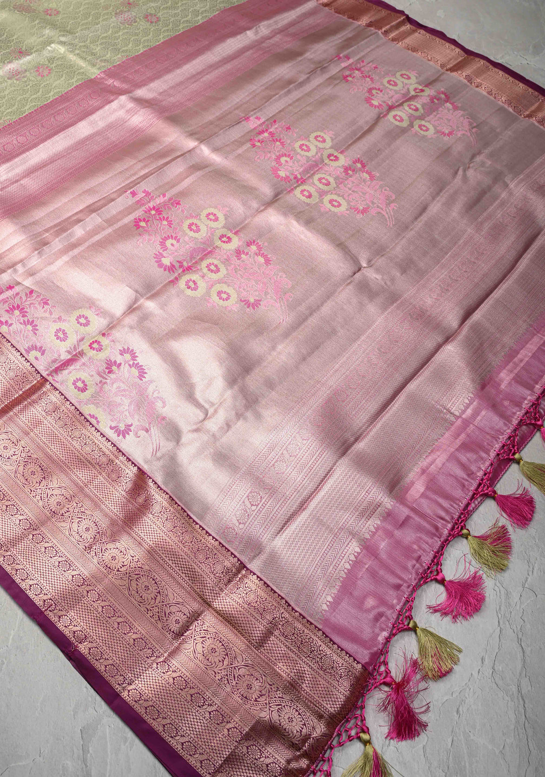Pale Green Brocade Jaal on Kanjivaram Tissue Semi Silk Saree with Meenakari Buttas and Contrast Zari Border