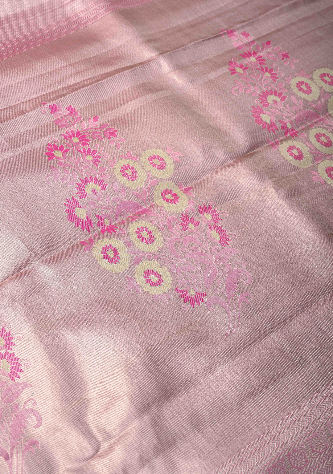 Pale Green Brocade Jaal on Kanjivaram Tissue Semi Silk Saree with Meenakari Buttas and Contrast Zari Border