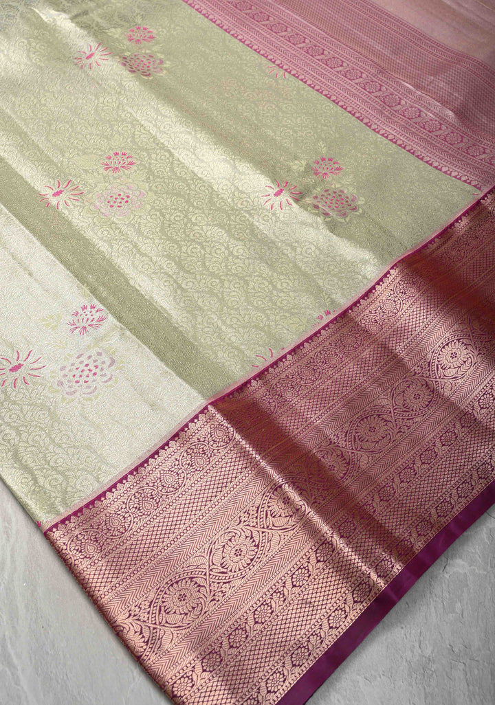 Pale Green Brocade Jaal on Kanjivaram Tissue Semi Silk Saree with Meenakari Buttas and Contrast Zari Border