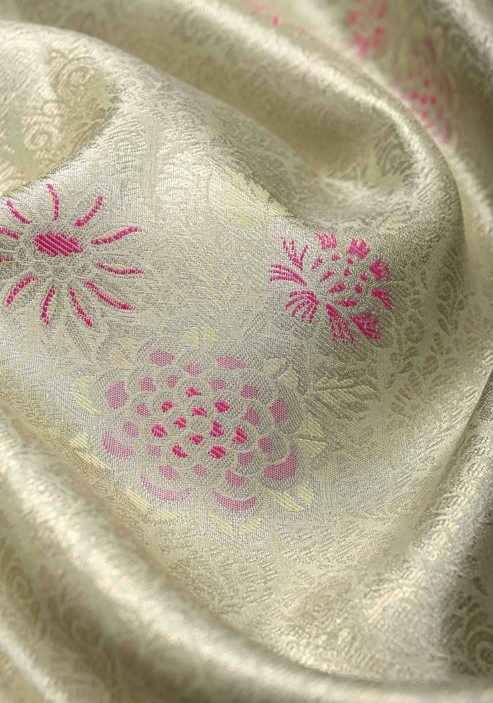 Pale Green Brocade Jaal on Kanjivaram Tissue Semi Silk Saree with Meenakari Buttas and Contrast Zari Border