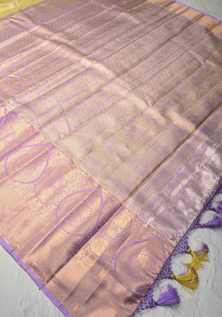 Moss Green Kanjivaram Tissue Semi Silk Saree with Floral Vines Stripes Brocade and Contrast Wide Zari Border