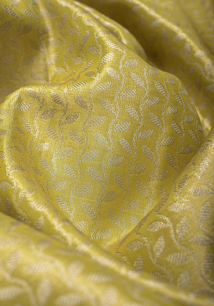 Moss Green Kanjivaram Tissue Semi Silk Saree with Floral Vines Stripes Brocade and Contrast Wide Zari Border