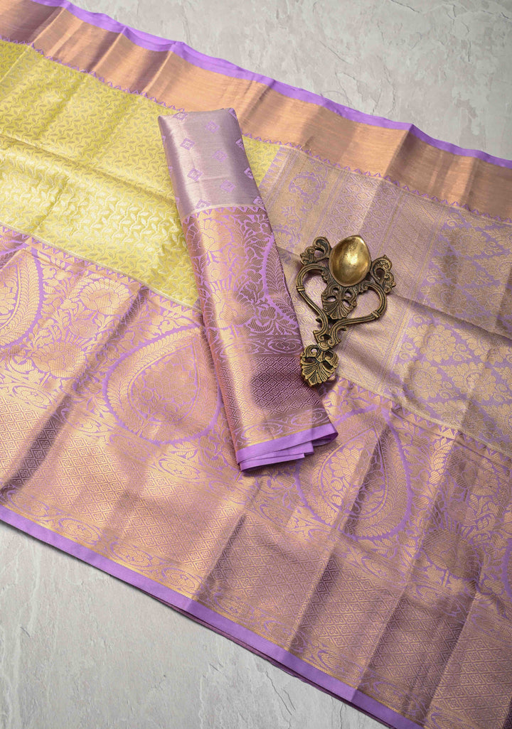 Moss Green Kanjivaram Tissue Semi Silk Saree with Floral Vines Stripes Brocade and Contrast Wide Zari Border