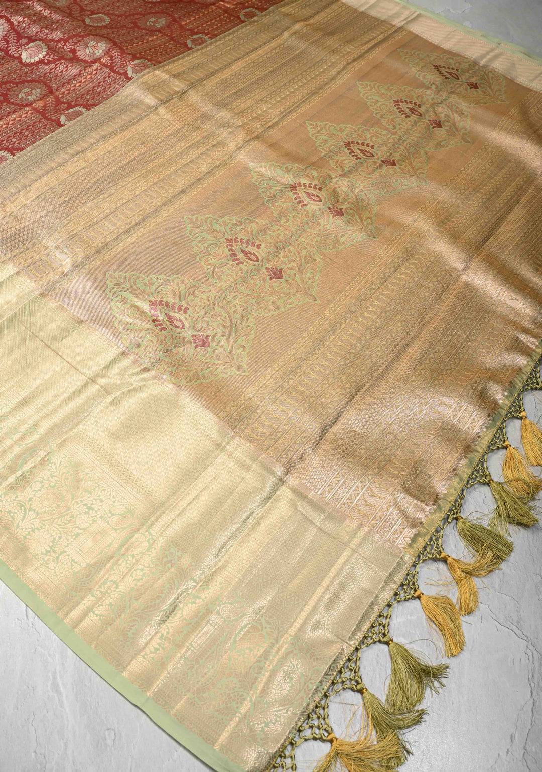 Burnt Orange Kanjivaram Brocade Tissue Semi Silk Saree with Zari Border