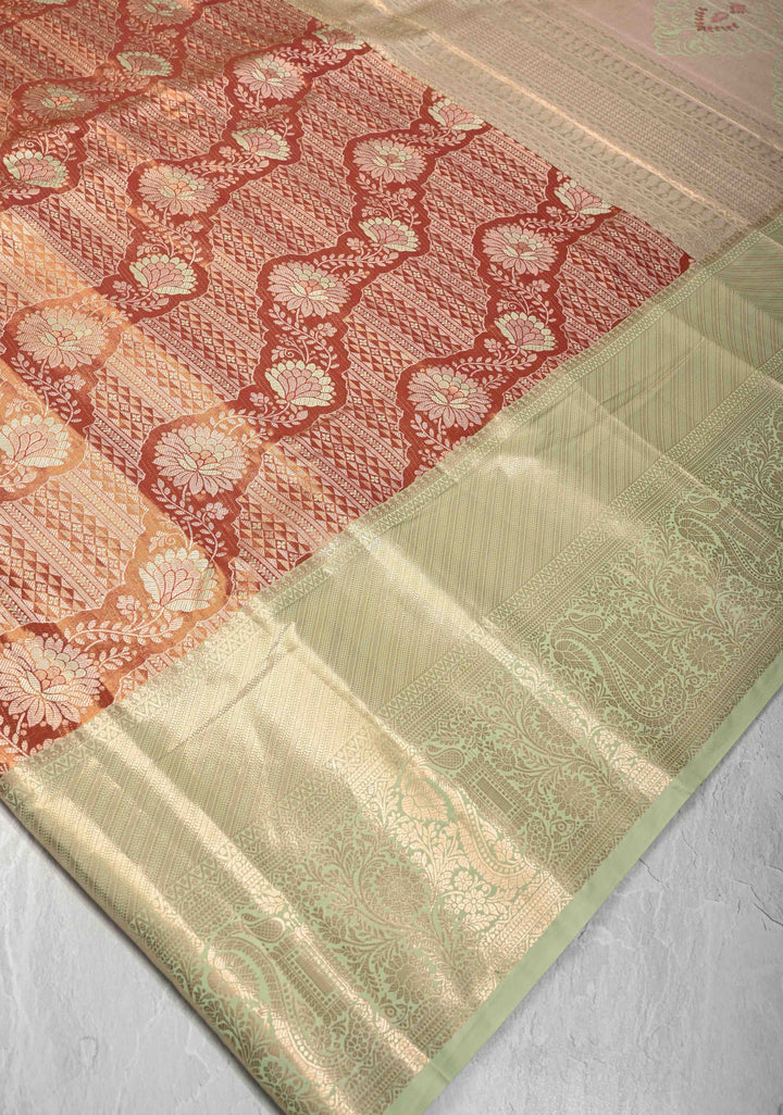 Burnt Orange Kanjivaram Brocade Tissue Semi Silk Saree with Zari Border