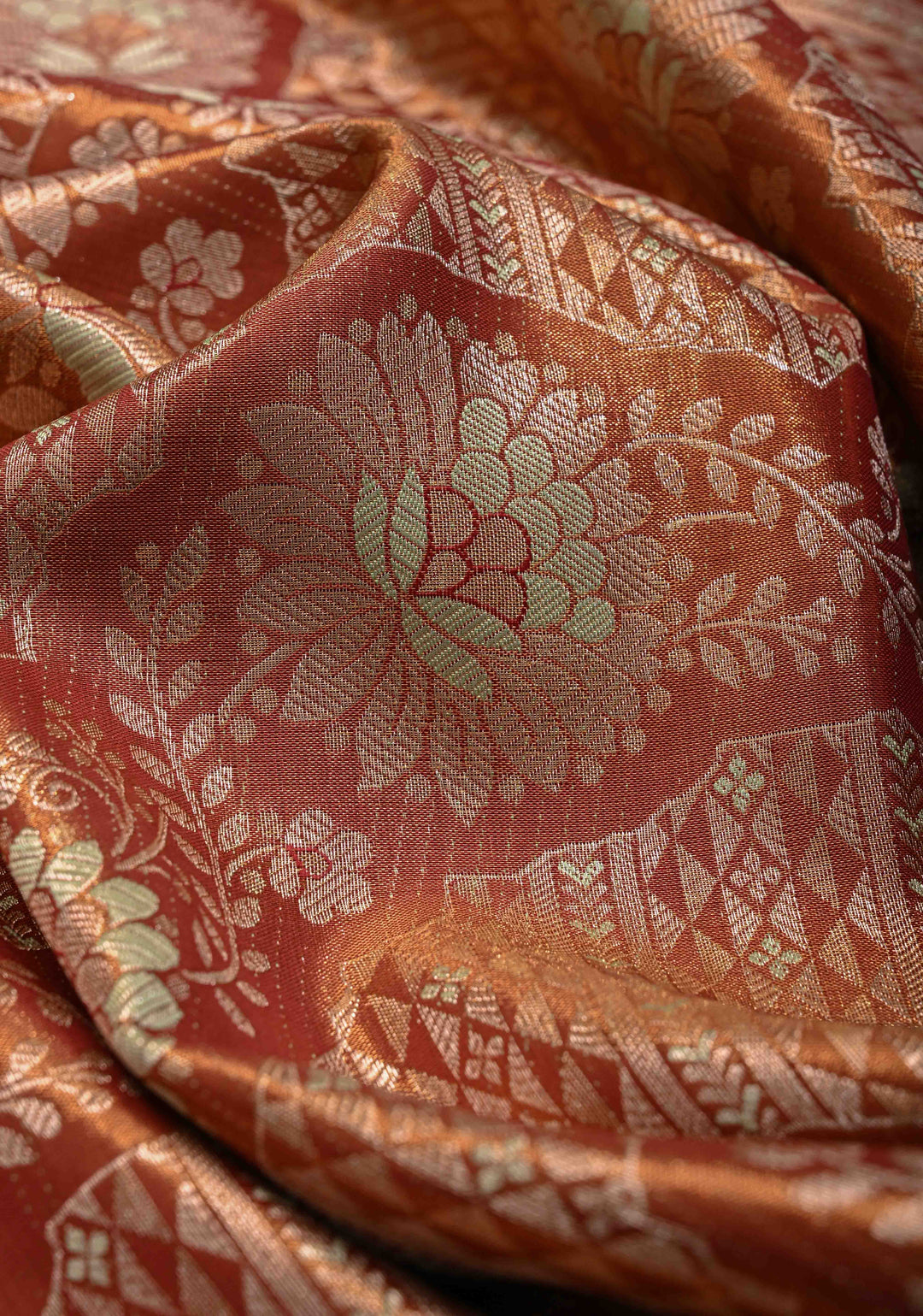 Burnt Orange Kanjivaram Brocade Tissue Semi Silk Saree with Zari Border