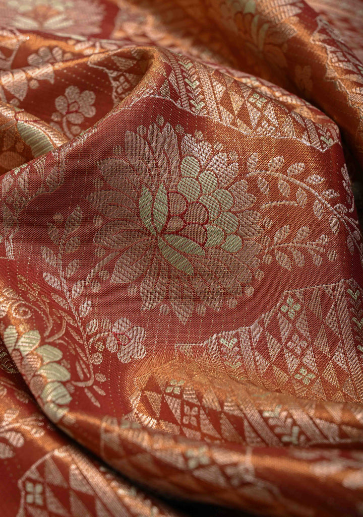 Burnt Orange Kanjivaram Brocade Tissue Semi Silk Saree with Zari Border