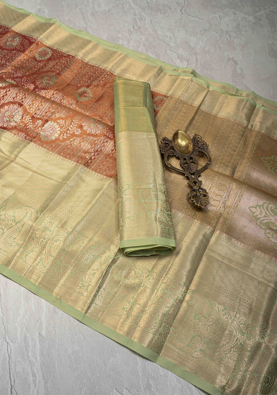 Burnt Orange Kanjivaram Brocade Tissue Semi Silk Saree with Zari Border