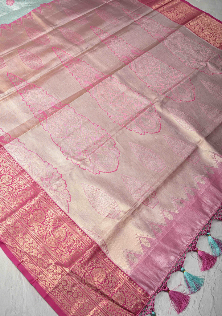 Mint Green Kanjivaram Tissue Semi Silk Saree with Meenakari Floral Brocade and Contrast Zari Border
