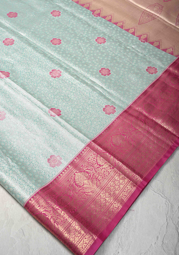 Mint Green Kanjivaram Tissue Semi Silk Saree with Meenakari Floral Brocade and Contrast Zari Border