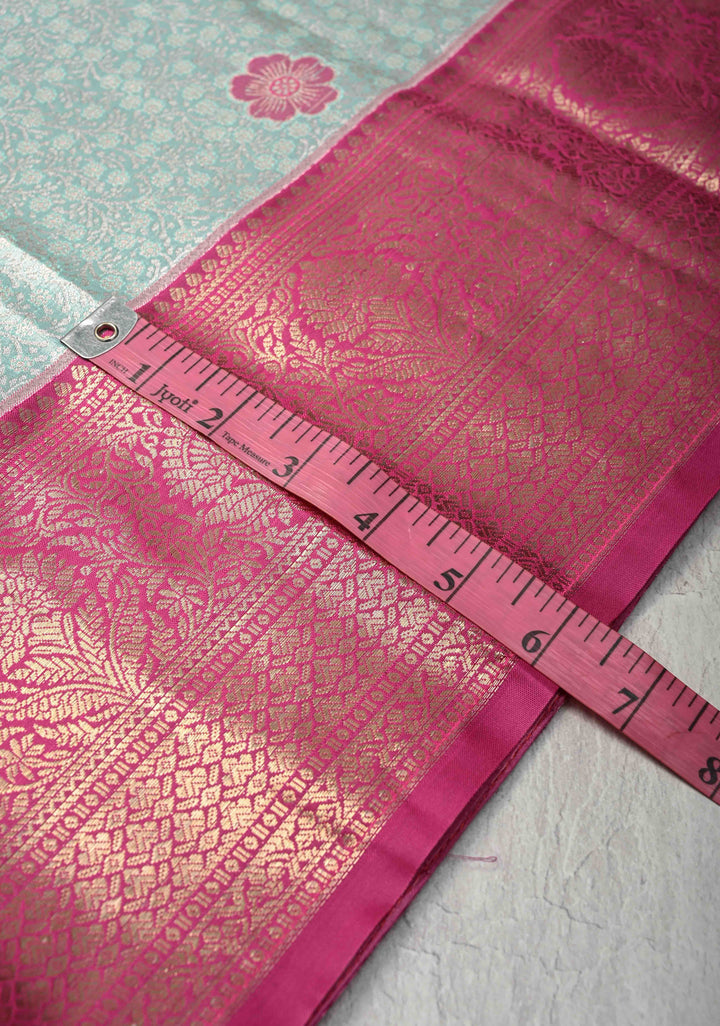 Mint Green Kanjivaram Tissue Semi Silk Saree with Meenakari Floral Brocade and Contrast Zari Border
