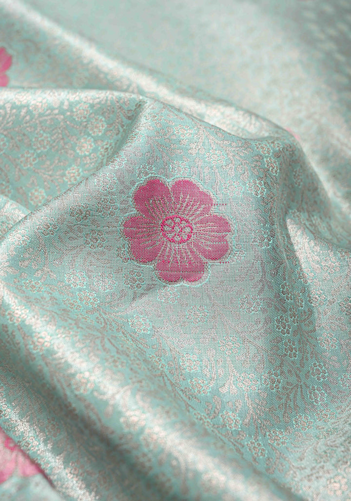 Mint Green Kanjivaram Tissue Semi Silk Saree with Meenakari Floral Brocade and Contrast Zari Border