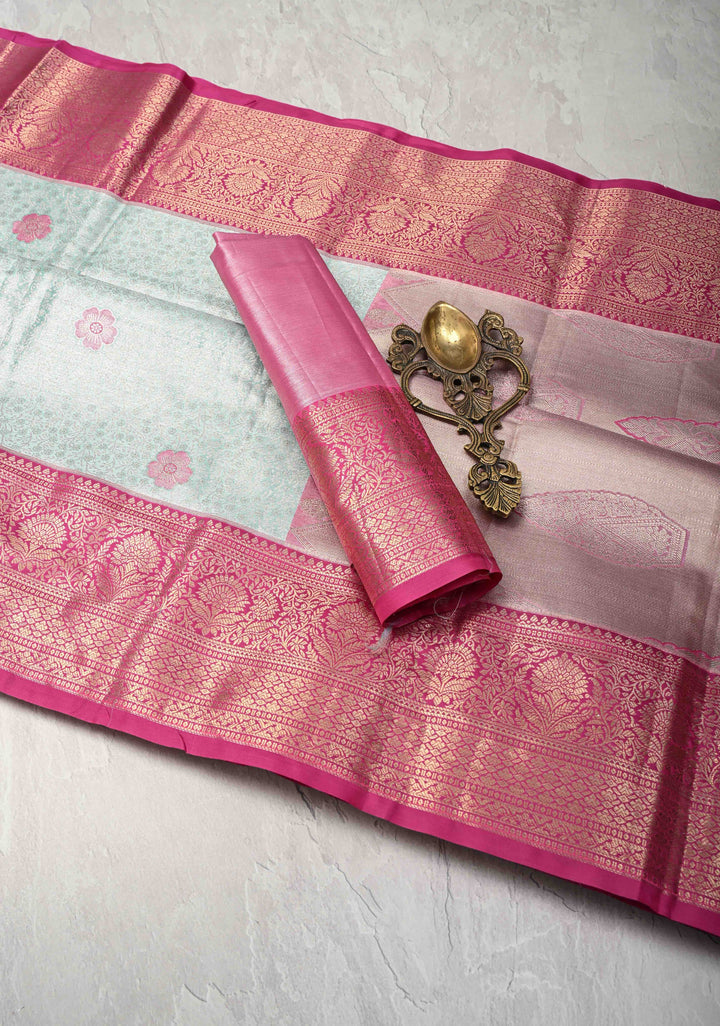 Mint Green Kanjivaram Tissue Semi Silk Saree with Meenakari Floral Brocade and Contrast Zari Border