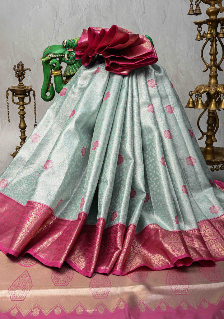 Mint Green Kanjivaram Tissue Semi Silk Saree with Meenakari Floral Brocade and Contrast Zari Border