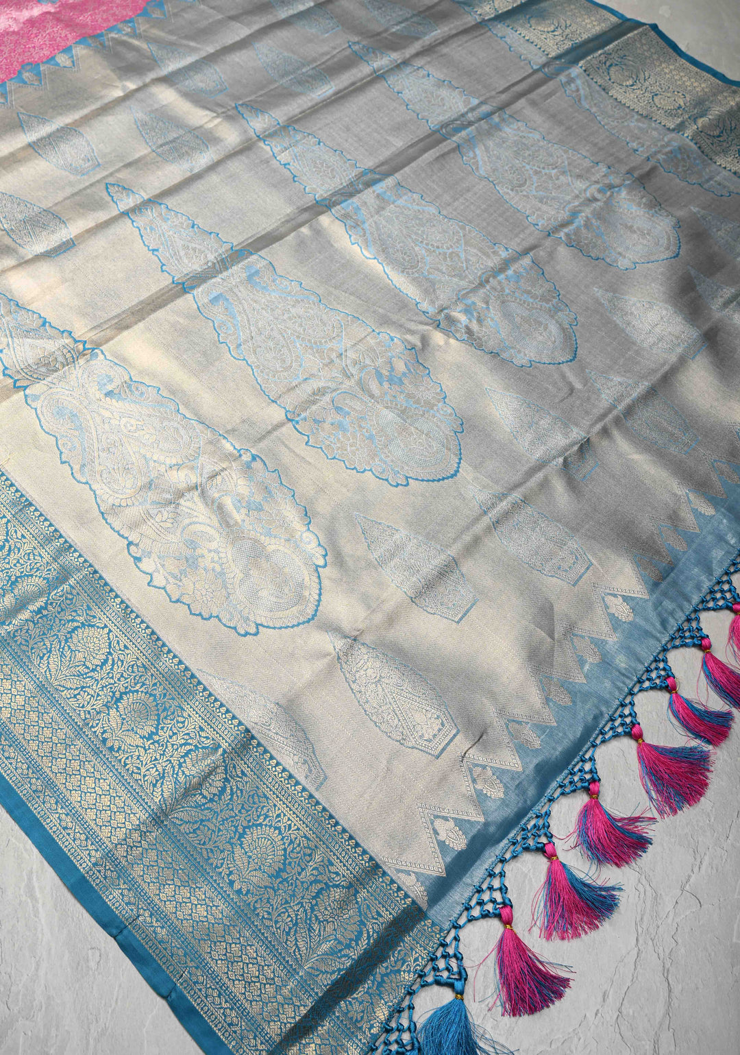 Dark Pink Brocade Jaal on Kanjivaram Tissue Semi Silk Saree with Meenakari Buttas and Contrast Zari Border