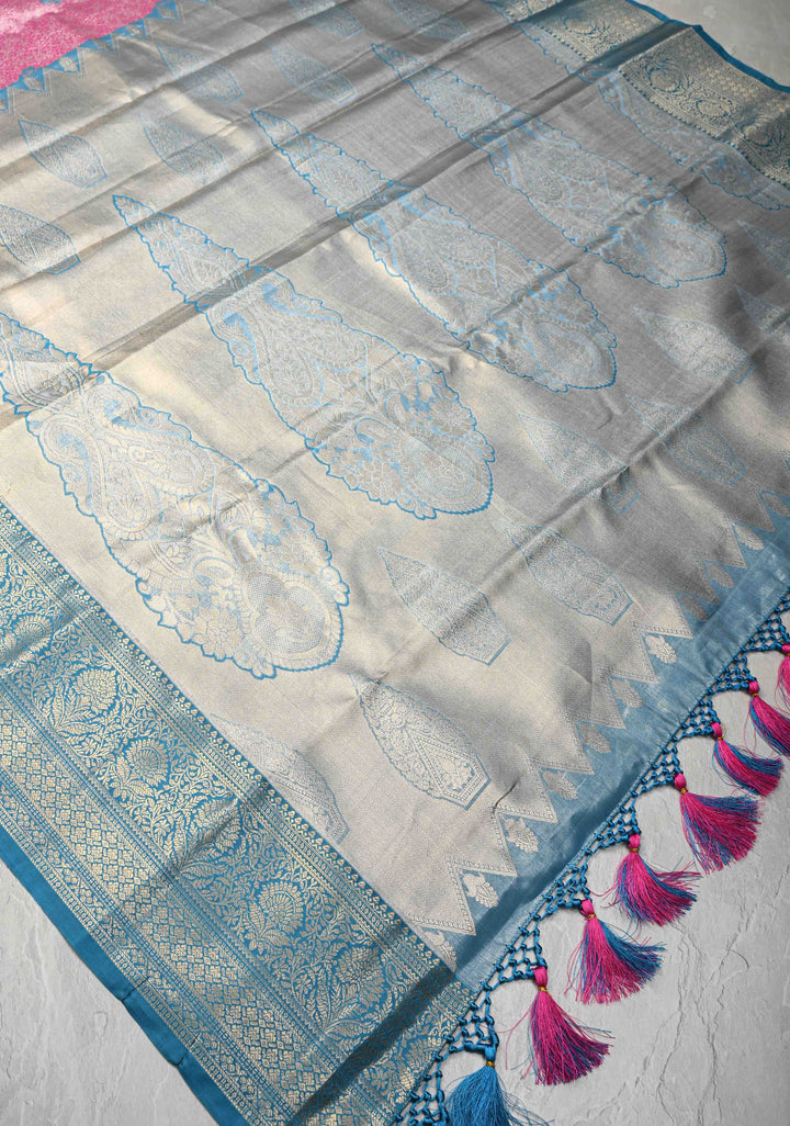 Dark Pink Brocade Jaal on Kanjivaram Tissue Semi Silk Saree with Meenakari Buttas and Contrast Zari Border