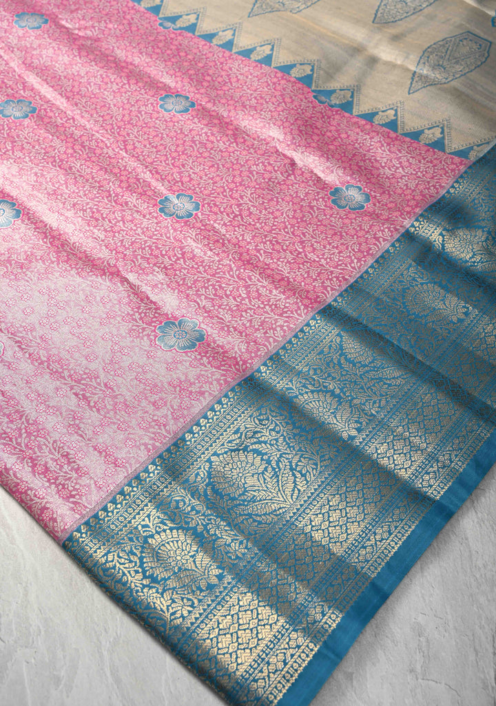 Dark Pink Brocade Jaal on Kanjivaram Tissue Semi Silk Saree with Meenakari Buttas and Contrast Zari Border