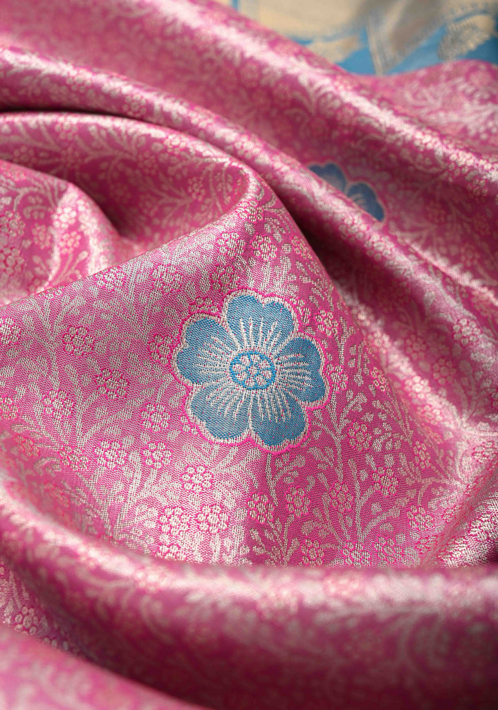 Dark Pink Brocade Jaal on Kanjivaram Tissue Semi Silk Saree with Meenakari Buttas and Contrast Zari Border
