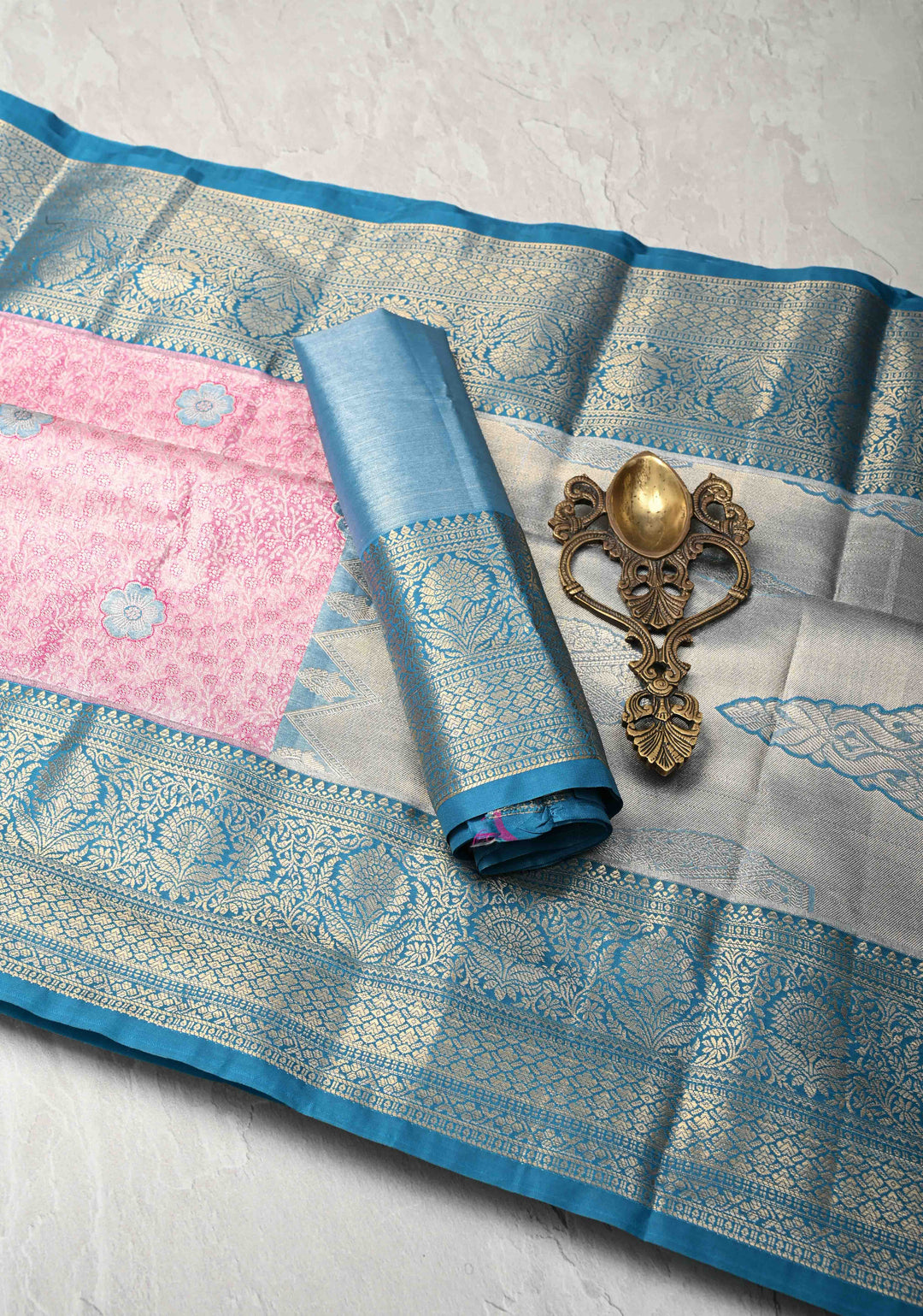 Dark Pink Brocade Jaal on Kanjivaram Tissue Semi Silk Saree with Meenakari Buttas and Contrast Zari Border