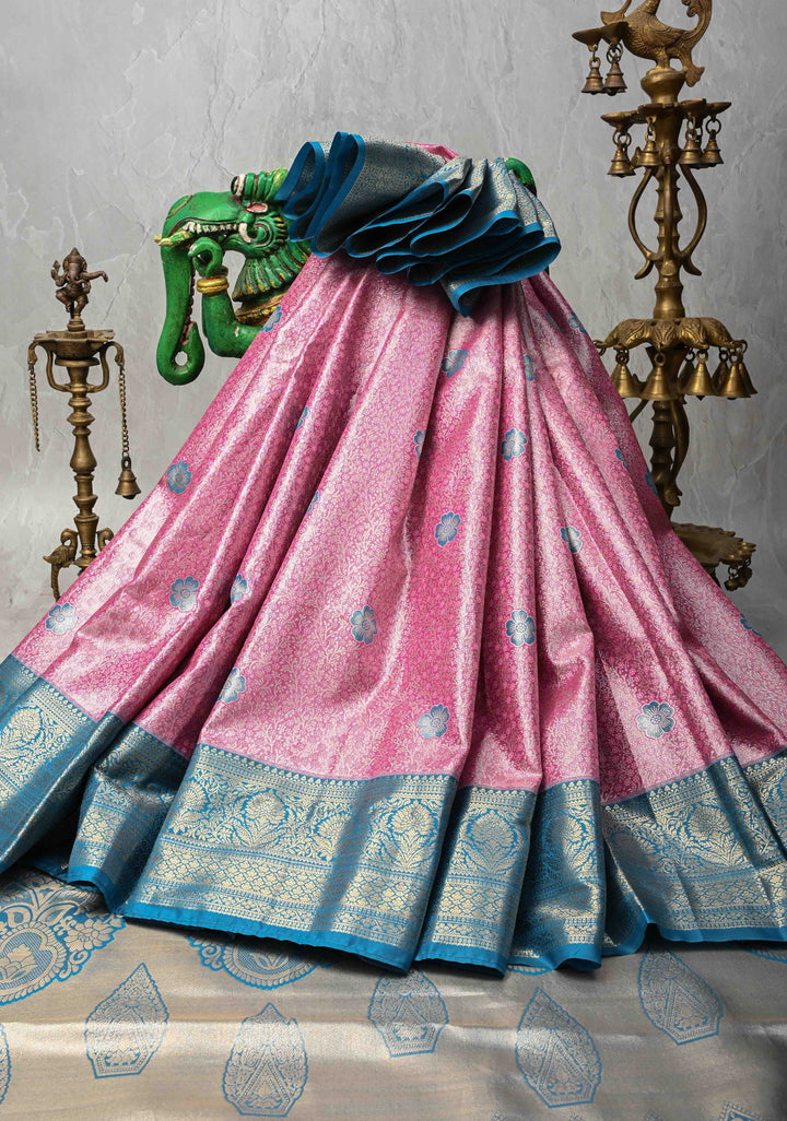 Dark Pink Brocade Jaal on Kanjivaram Tissue Semi Silk Saree with Meenakari Buttas and Contrast Zari Border