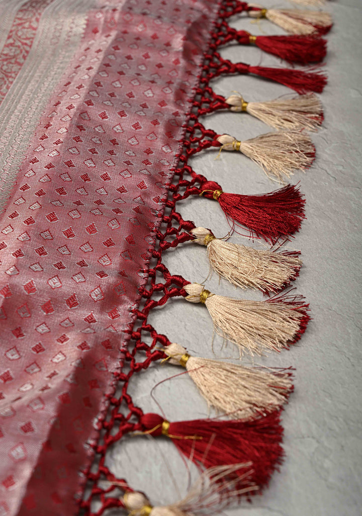 Light Lavender Brocade on Kanjivaram Tissue Semi Silk Saree with Meenakari Buttas and Contrast Zari Border