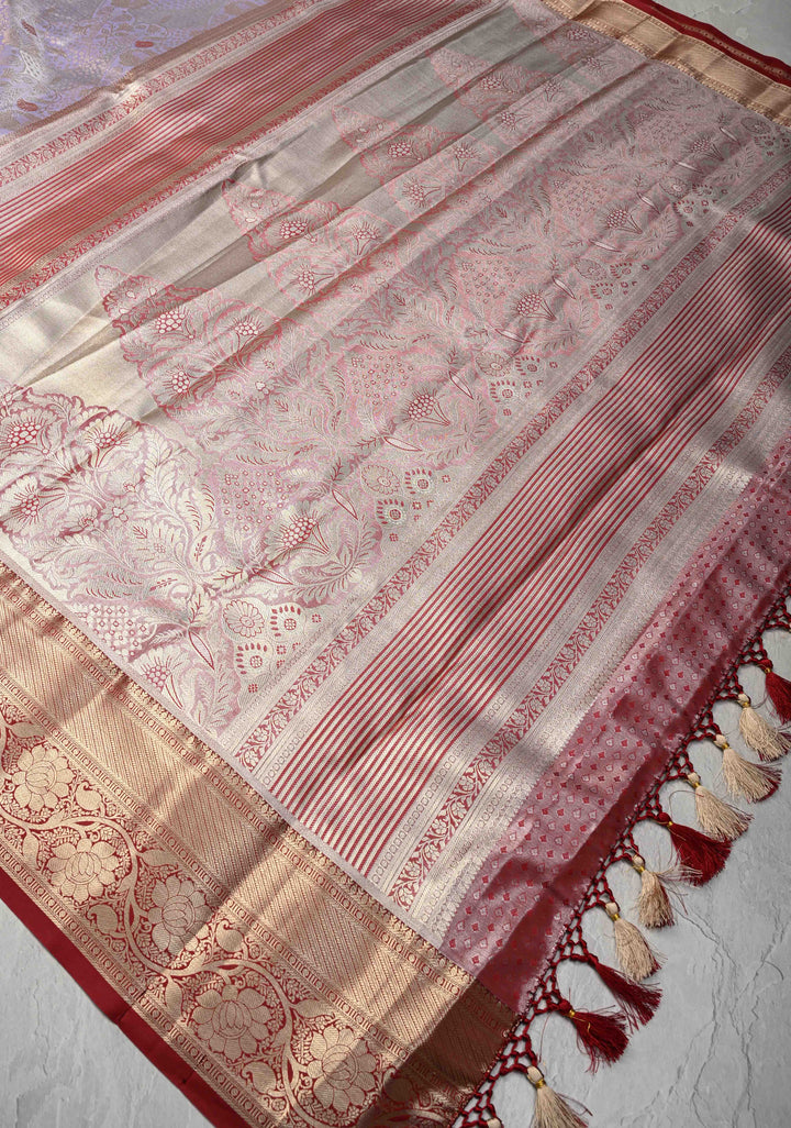 Light Lavender Brocade on Kanjivaram Tissue Semi Silk Saree with Meenakari Buttas and Contrast Zari Border