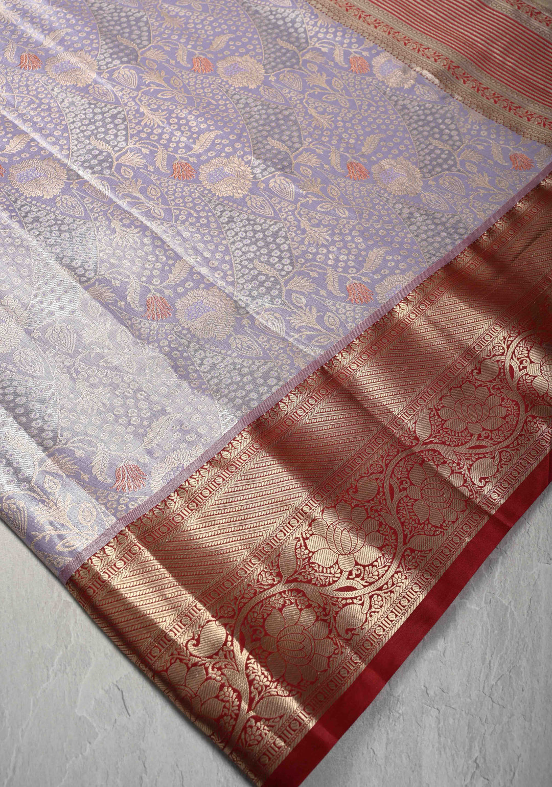 Light Lavender Brocade on Kanjivaram Tissue Semi Silk Saree with Meenakari Buttas and Contrast Zari Border