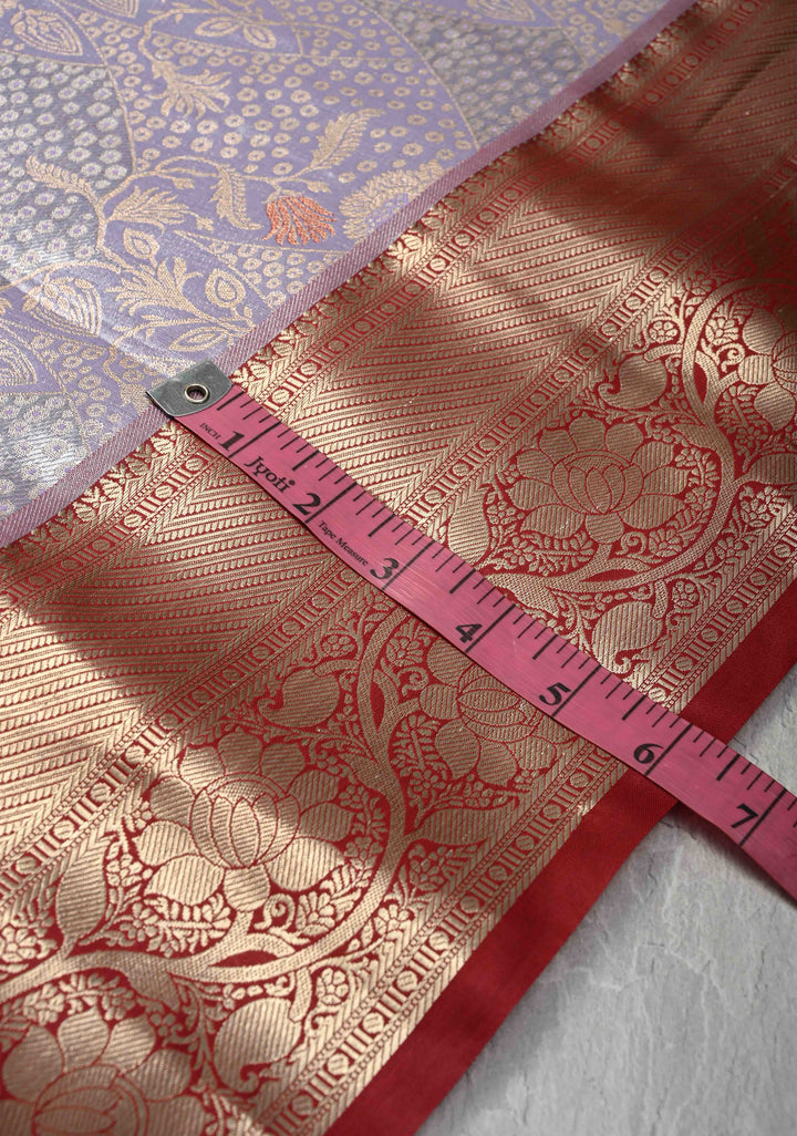 Light Lavender Brocade on Kanjivaram Tissue Semi Silk Saree with Meenakari Buttas and Contrast Zari Border