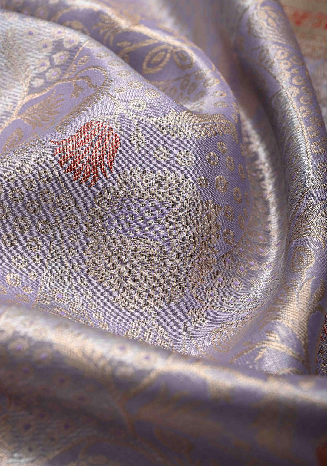 Light Lavender Brocade on Kanjivaram Tissue Semi Silk Saree with Meenakari Buttas and Contrast Zari Border