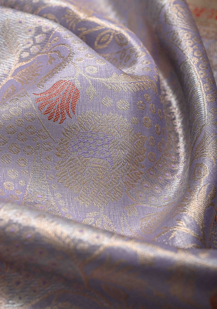 Light Lavender Brocade on Kanjivaram Tissue Semi Silk Saree with Meenakari Buttas and Contrast Zari Border