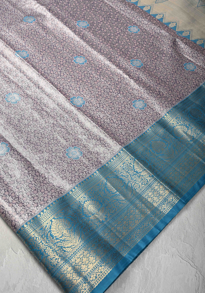 Purple Taupe Brocade Jaal on Kanjivaram Tissue Semi Silk Saree with Meenakari Buttas and Contrast Zari Border