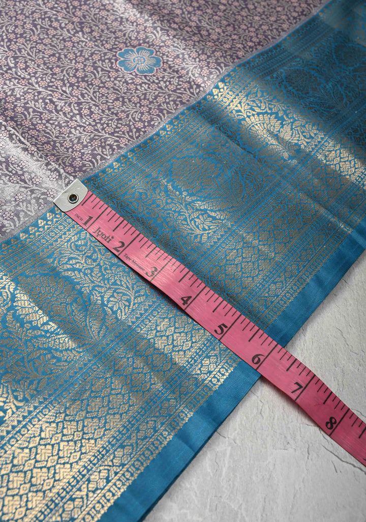 Purple Taupe Brocade Jaal on Kanjivaram Tissue Semi Silk Saree with Meenakari Buttas and Contrast Zari Border