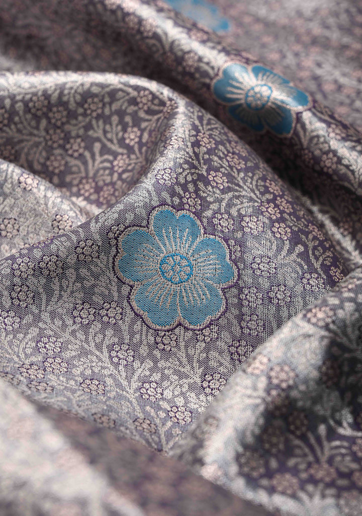 Purple Taupe Brocade Jaal on Kanjivaram Tissue Semi Silk Saree with Meenakari Buttas and Contrast Zari Border
