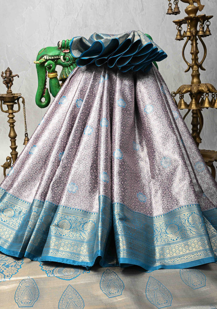 Purple Taupe Brocade Jaal on Kanjivaram Tissue Semi Silk Saree with Meenakari Buttas and Contrast Zari Border