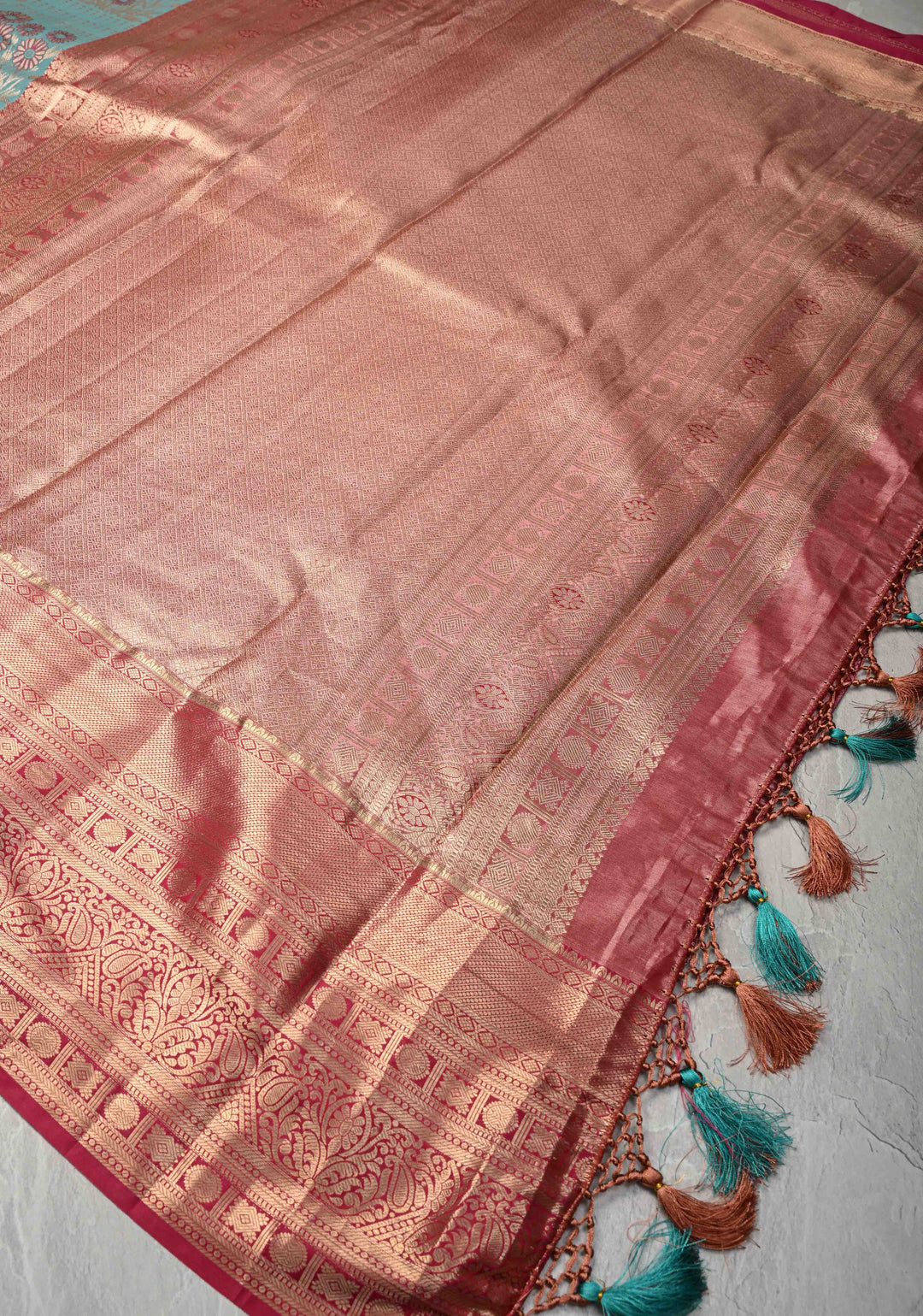 Celestial Blue Meenakari Kanjivaram Brocade Tissue Semi Silk Saree with Contrast Zari Border