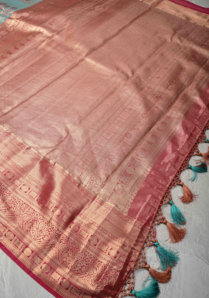 Celestial Blue Meenakari Kanjivaram Brocade Tissue Semi Silk Saree with Contrast Zari Border