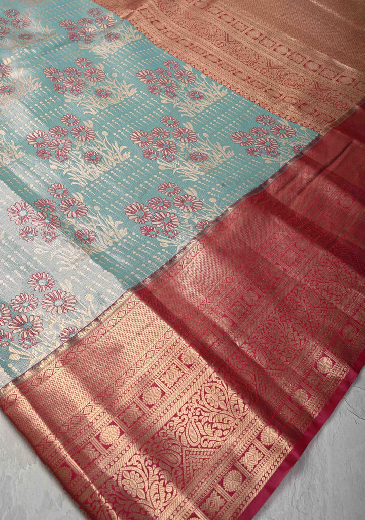 Celestial Blue Meenakari Kanjivaram Brocade Tissue Semi Silk Saree with Contrast Zari Border