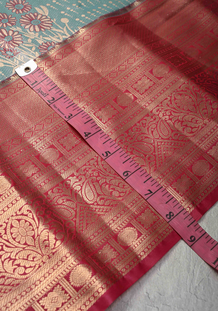 Celestial Blue Meenakari Kanjivaram Brocade Tissue Semi Silk Saree with Contrast Zari Border